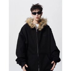 批发毛领<b class='q'>潮</b>公子连帽卫衣外套男女秋冬设计感小众加绒美式复古开衫上衣