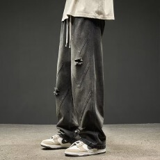 批发美式高街班牛仔裤男春<b class='q'>夏</b>季新款破洞高街裤子潮痞帅宽松阔腿微喇裤