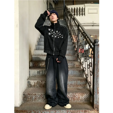 批发美式潮乐邦流星条纹铆钉立领朋克slim正肩<b class='q'>夹克</b>外套男女复古轻亚