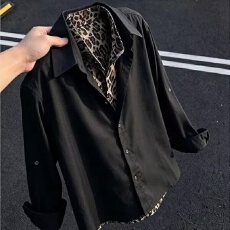 批发小众二罗高级感豹纹印花领假两件休闲衬衫男长袖ing痞帅穿搭上衣