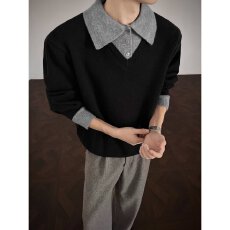 批发老钱风揭潮坊假两件毛衣<b class='q'>男</b>冬季保暖青年高级感潮长袖POLO领<b class='q'>针织衫</b>