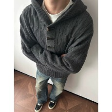 批发美式万凯邦复古连帽开衫毛衣外套<b class='q'>男</b>女春秋新款设计感宽松针织上衣