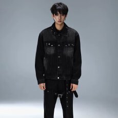 批发春秋夹克就位美式复古设计感原色<b class='q'>牛仔外</b><b class='q'>套男</b>潮牌宽松新款牛仔夹克