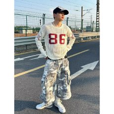 美式揭潮坊镂空针织衫男春秋数字提花球衣长袖慵懒风宽松软糯上衣