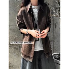 春秋简皓假两件格纹拼接老钱风夹克开衫男女慵懒宽松休闲外套情侣