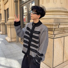 美式国潮高级感复古拿破仑宫廷骑士风半高领双拉链开衫毛衣外套男