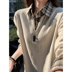 批发麦穗纹常假两件polo衫卫衣男秋季格纹拼接长袖<b class='q'>t</b><b class='q'>恤</b>老钱风针织上衣