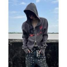 批发街头潮流左岸人像印花铆钉连帽卫衣秋季新款<b class='q'>休闲</b>复古百搭拉链帽衫