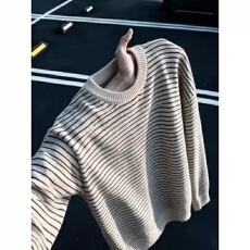 批发美式十八复古韩系条纹圆领毛衣男女秋冬新款慵懒宽松撞色条纹毛衣