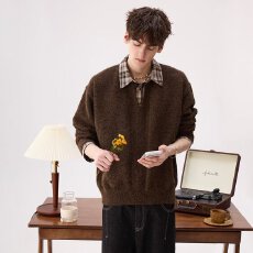 春秋魔方假两件polo领毛衣男士美式潮牌宽松设计感休闲针织衫上衣