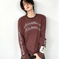 千禧风上上条纹贴布毛边长袖t恤男女撞色印花复古百搭软糯打底衫