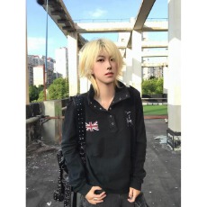 批发美式自由马术骑士米字旗肩章立领两穿水洗珠地棉金属扣长袖<b class='q'>男</b>上衣