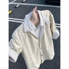 春秋诺世潮牌美式格子假两件拼接翻领夹克男宽松百搭假两件衬衫