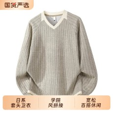 批发加绒复合贝贝绒】假两件卫衣男秋季v领套头上衣宽松<b class='q'>大码</b>长袖<b class='q'>t</b><b class='q'>恤</b>男