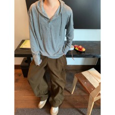 批发美式气质复古亨利领长袖连帽t袖男女秋季cleanfit宽松休闲打底衫
