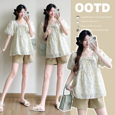 批发实拍 碎花方领系带上衣