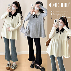 批发实拍~秋冬孕妇装娃娃领拼接针织上衣