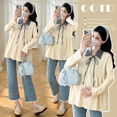 实拍~现现 甜美POLO领格子系带拼接娃娃衫