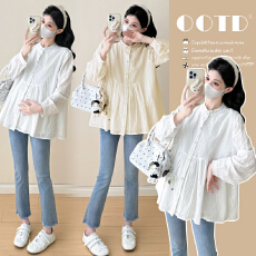 批发实拍 春季刺绣拼接孕妇长袖衬衫