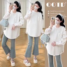 实拍  春季荷叶边拼接休闲孕妇上衣