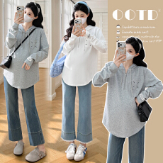 批发实拍  春季韩版连帽口袋刺绣百搭孕妇上衣