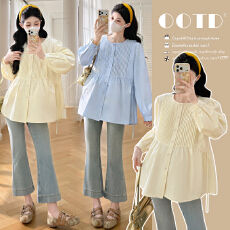 批发实拍 春季圆领褶皱宽松显瘦孕妇衬衫