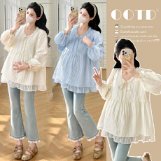 批发实拍 春季法式圆领荷叶边拼接娃娃衫孕妇上衣