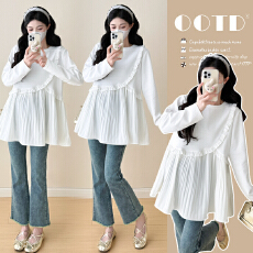 批发实拍~<b class='q'>春</b>秋针织拼接褶皱荷叶边娃娃衫上衣