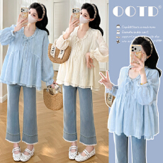 批发实拍 春季法式圆领荷叶边拼接娃娃衫<b class='q'>孕妇</b><b class='q'>上衣</b>