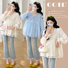 批发实拍 春季法式圆领荷叶边拼接娃娃衫孕妇上衣