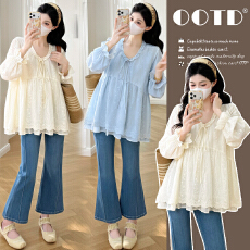 批发实拍 春季法式圆领荷叶边拼接娃娃衫孕妇上衣