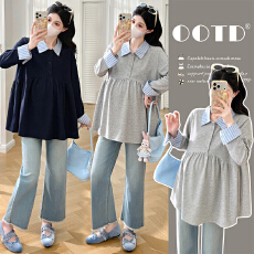 批发实拍 现huo法式条纹拼接针织宽松遮肚娃娃衫孕妇上衣