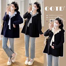 批发实拍 现huo春季休闲西装领刺绣拼接针织宽松孕妇娃娃衫上衣