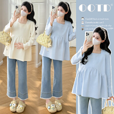 批发实拍 现huo<b class='q'>春</b>季休闲方领遮肚子显瘦孕妇上衣