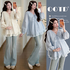 批发实拍 现huo春季甜美V领褶皱抽绳宽松孕妇娃娃衫