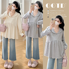 批发实拍~现huo春季休闲V领甜美宽松遮肚孕妇娃娃衫上衣