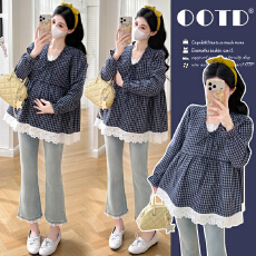 批发实拍~现huo春季格子拼接刺绣花边假两件孕妇娃娃衫上衣