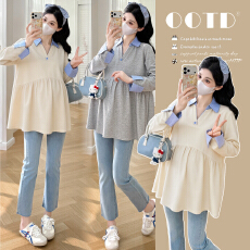 批发实拍~现huo春季休闲V领条纹拼接宽松遮肚孕妇娃娃衫上衣