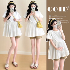 批发实拍~现huo 夏季圆领T恤拼接褶皱下摆宽松孕妇娃娃衫