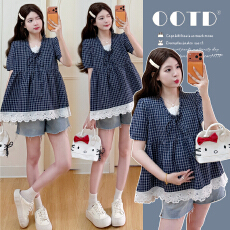 批发实拍~<b class='q'>夏</b>季假两件格子拼接刺绣花边孕妇娃娃衫