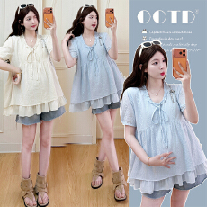 批发实拍~<b class='q'>夏</b>季韩系甜美刺绣孕妇娃娃衫上衣