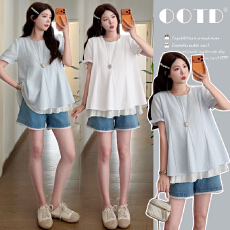 批发实拍~夏季圆领<b class='q'>假两件</b>宽松显瘦孕妇娃娃衫上衣