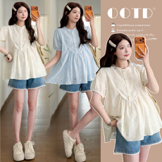 批发实拍~<b class='q'>夏</b>季法式木耳边圆领刺绣镂空泡泡袖娃娃衫孕妇上衣