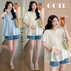 批发实拍~<b class='q'>夏</b>季法式木耳边圆领刺绣镂空泡泡袖娃娃衫孕妇上衣