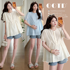 批发实拍~<b class='q'>夏</b>季法式木耳边圆领刺绣镂空泡泡袖娃娃衫孕妇上衣