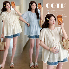 实拍~夏季法式木耳边圆领刺绣镂空泡泡袖娃娃衫孕妇上衣