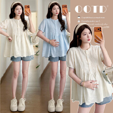 实拍~夏季法式木耳边圆领刺绣镂空泡泡袖娃娃衫孕妇上衣