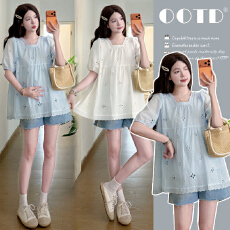 批发实拍~<b class='q'>夏</b>季新款刺绣短袖衬衫洋气遮肚子孕妇娃娃衫