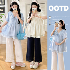 批发实拍~<b class='q'>夏</b>季法式V领抽绳宽松孕妇娃娃衫上衣