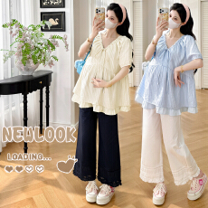 批发实拍~<b class='q'>夏</b>季法式V领抽绳宽松孕妇娃娃衫上衣